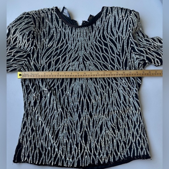 Vintage Royal Feelings Black Pure Silk Silver Sequin Ornate Evening Top FLAW XL - Picture 5 of 11